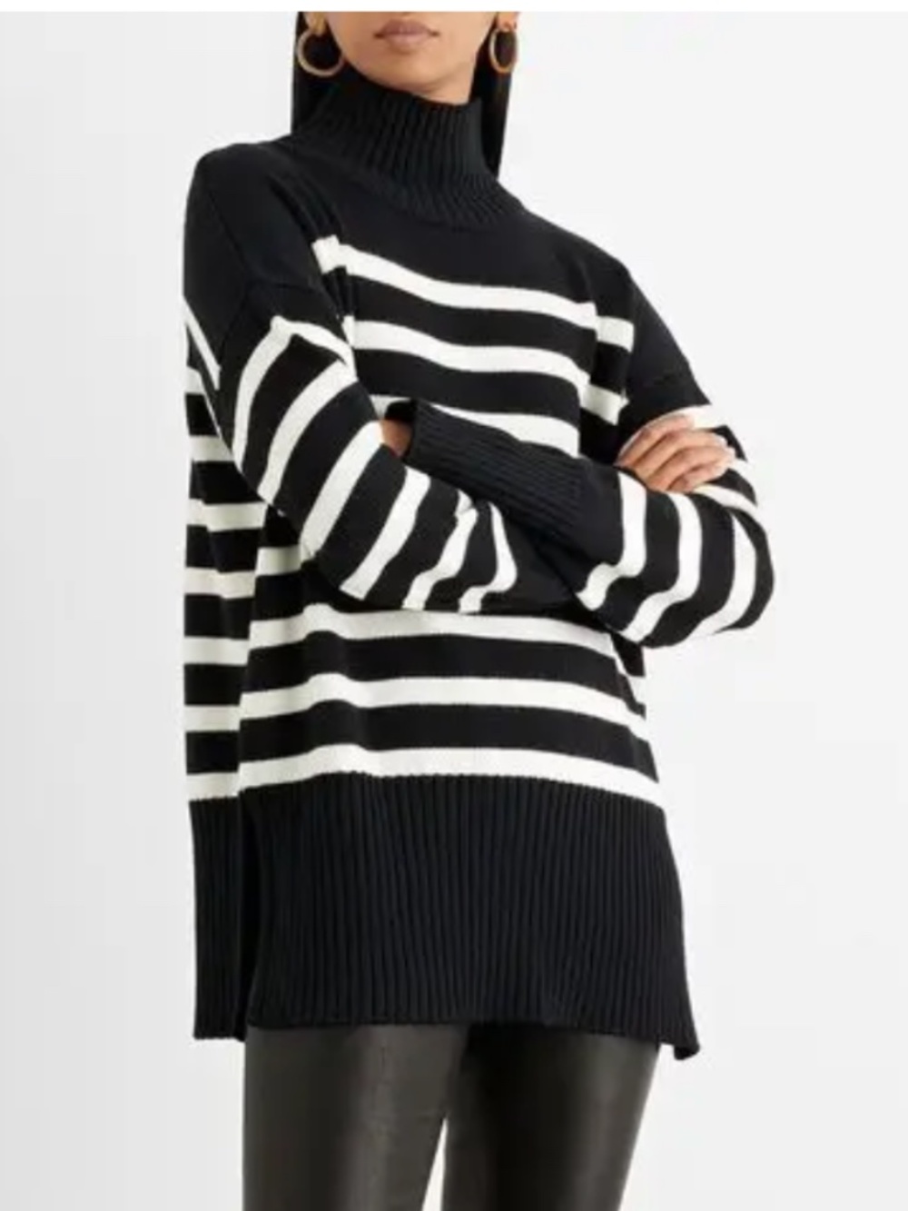 Iris & Ink Sophie Striped Merino Wool Turtleneck Sweater Black Cream M
